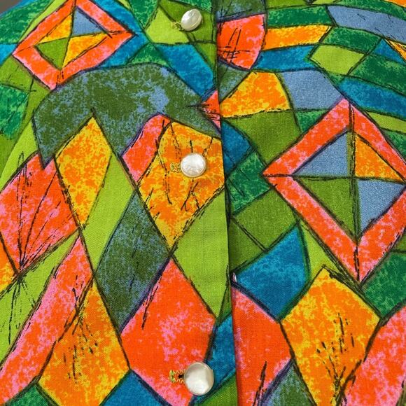 Joy Steven’s 60s Psychedelic Geometric Colorful Blouse Size S / M Bell Sleeve - Picture 4 of 11